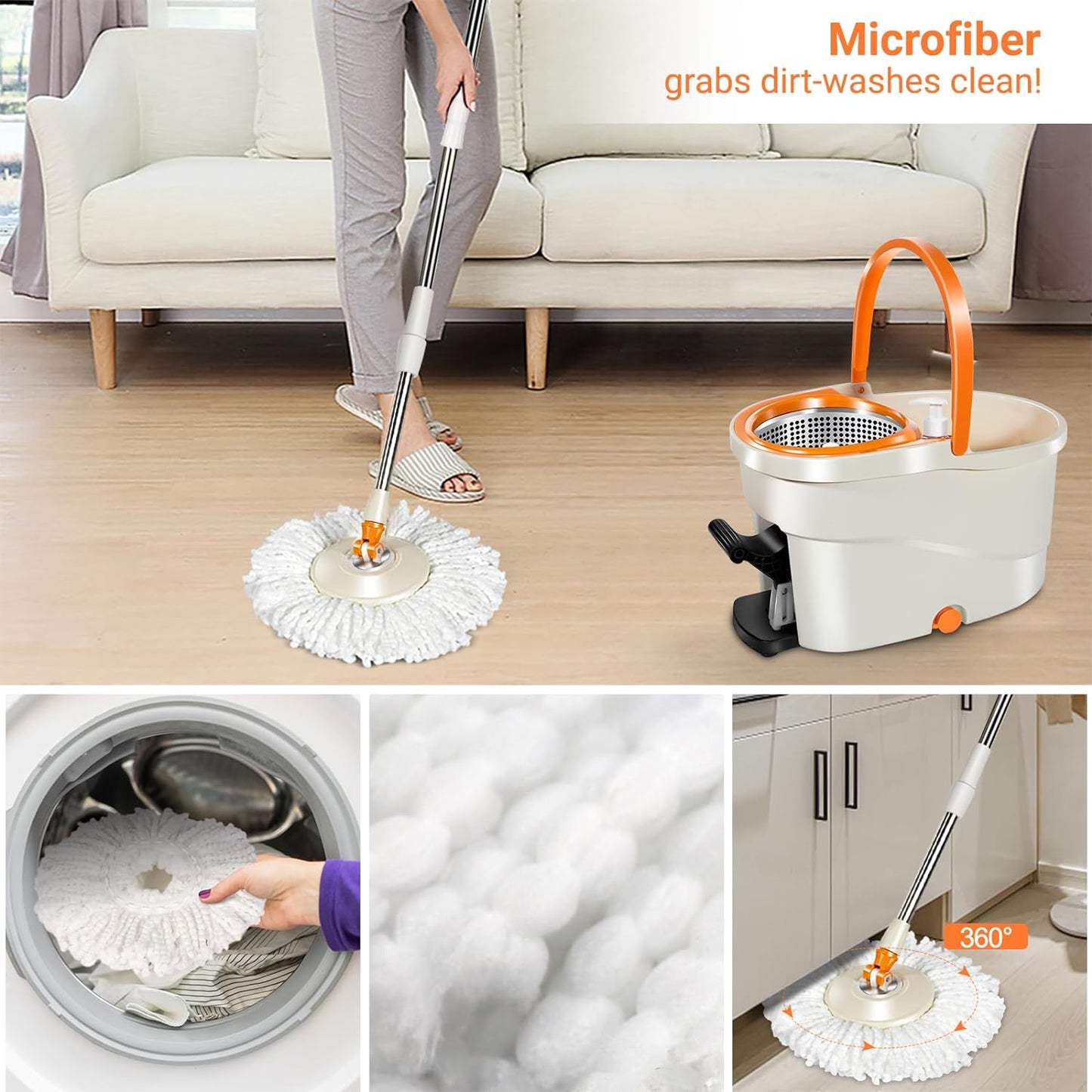 Mastertop - Spin Mop And Bucket With Wringer Set, Easy Wring Foot Pedal, 5 Refills