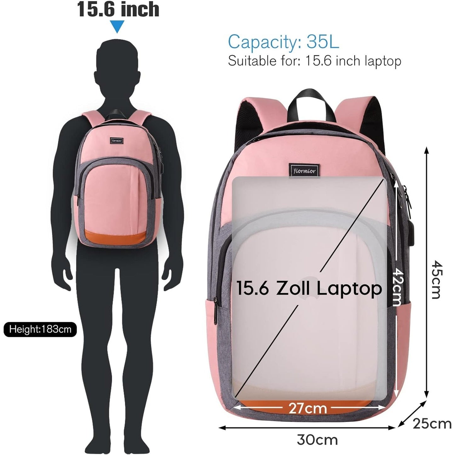 Yiormior - School Backpack With USB Charging Port, Water Resistant, Fits 15.6" Laptop