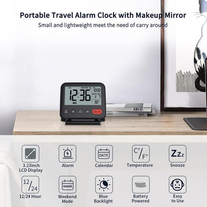 Noklead - Digital Travel Alarm Clock With Backlight, Date, Temp, Snooze, 12/24H