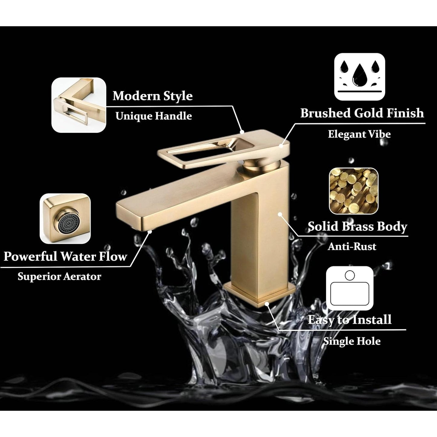 Shunli - Brushed Gold Basin Mixer Tap, Modern Single Lever Bathroom Faucet