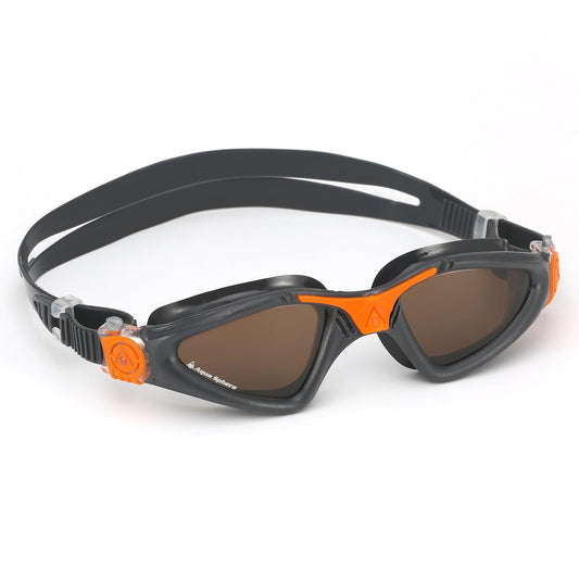 Brown polarized swim goggles by Aqua Sphere, featuring a full rim silicone frame, UV protection coating, anti-fog coating, and made from soft, flexible, and durable silicone material.