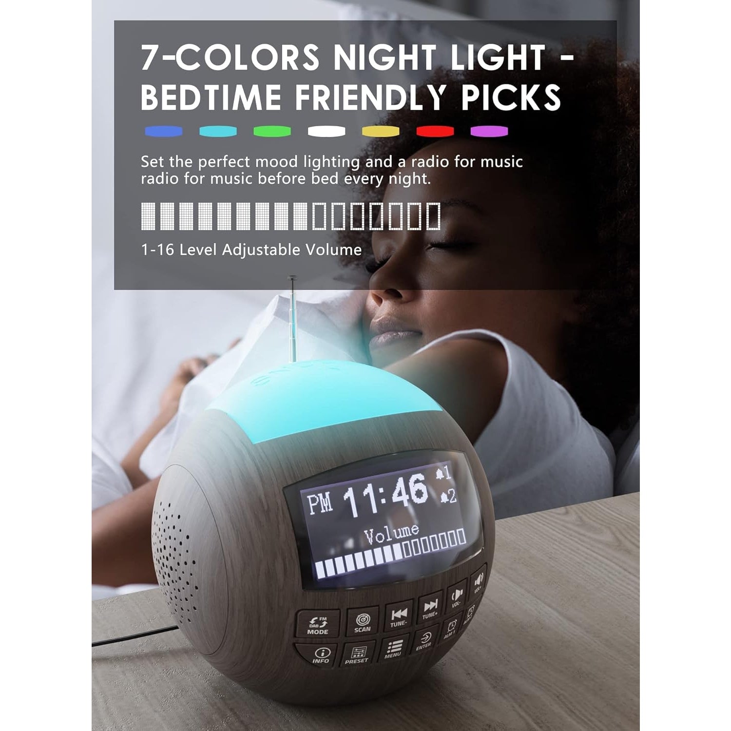 Rocam - Dab Clock Radio With LCD Display, Alarm Clock With 7 Colorful Night Light