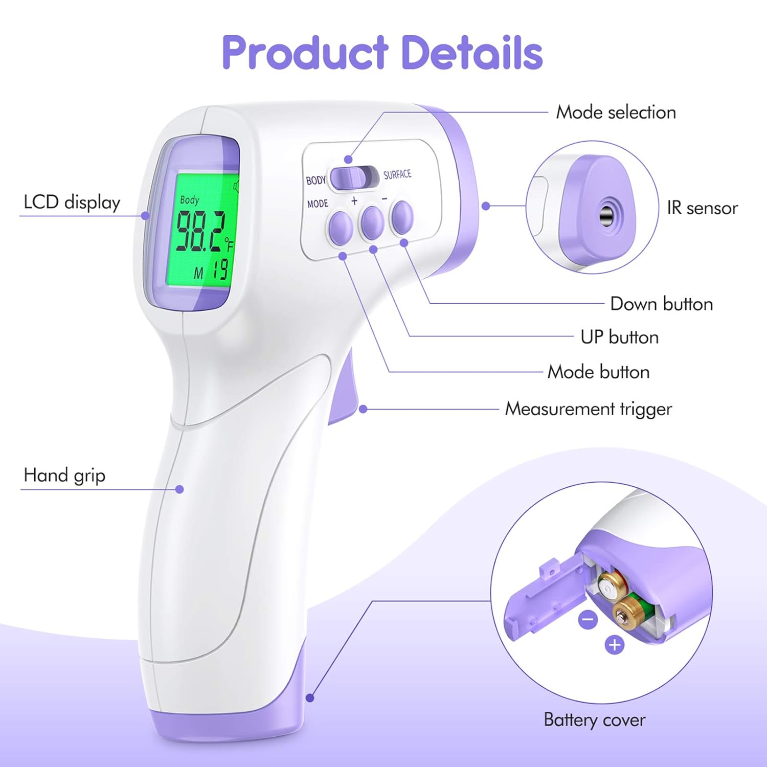 Kkmier - No Touch Forehead Thermometer, Digital, Fever Alarm, Instant Reading