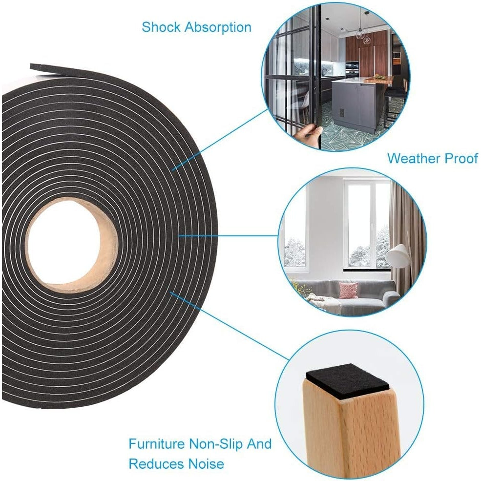 Yiju - Seal Foam Tape 1/2" W x 1/8" T Weather Stripping for Door & Window, 3 Rolls 50Ft Black