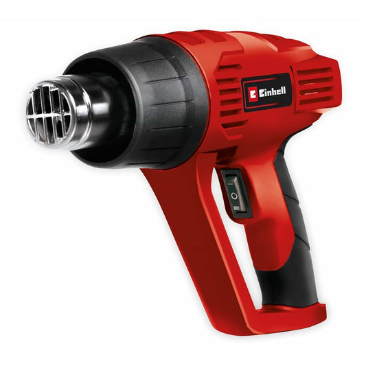 Electric hot air gun from Einhell, model TH-HA 2000/1, featuring adjustable temperature and air quantity settings, stable support for stationary use, overheating protection for safe operation, and includes a paint scraper along with four different nozzle pieces. The product dimensions are 24 x 8 x 24 cm with a weight of 880 grams.