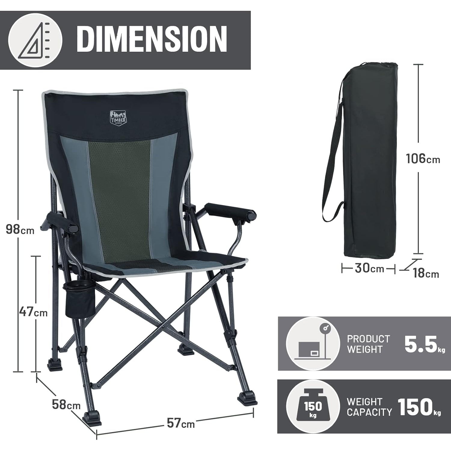 Timber Ridge - Heavy Duty Folding Camping Chair With Hard Armrest, Black