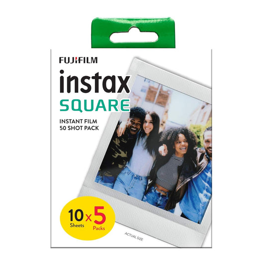 Fujifilm INSTAX Square film pack containing 5 cassettes, each with 10 color instant photos, suitable for instax Square SQ1, SQ6, and SQ20 cameras as well as the SHARE SP3 printer; features a white border and picture format of 62 mm x 62 mm.