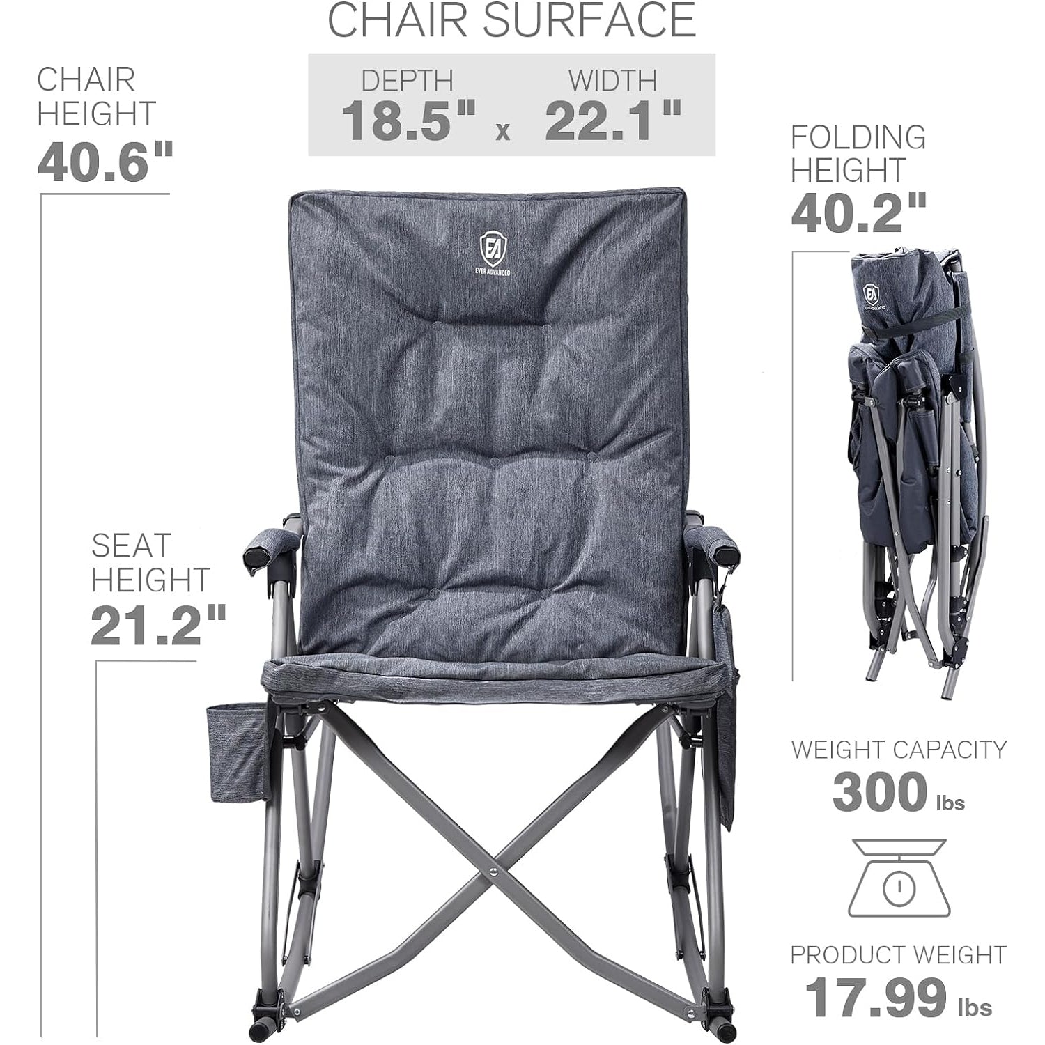 Hengfeng - Ever Advanced Oversized Folding Rocking Camping Chair, Padded Portable Rocker, Grey