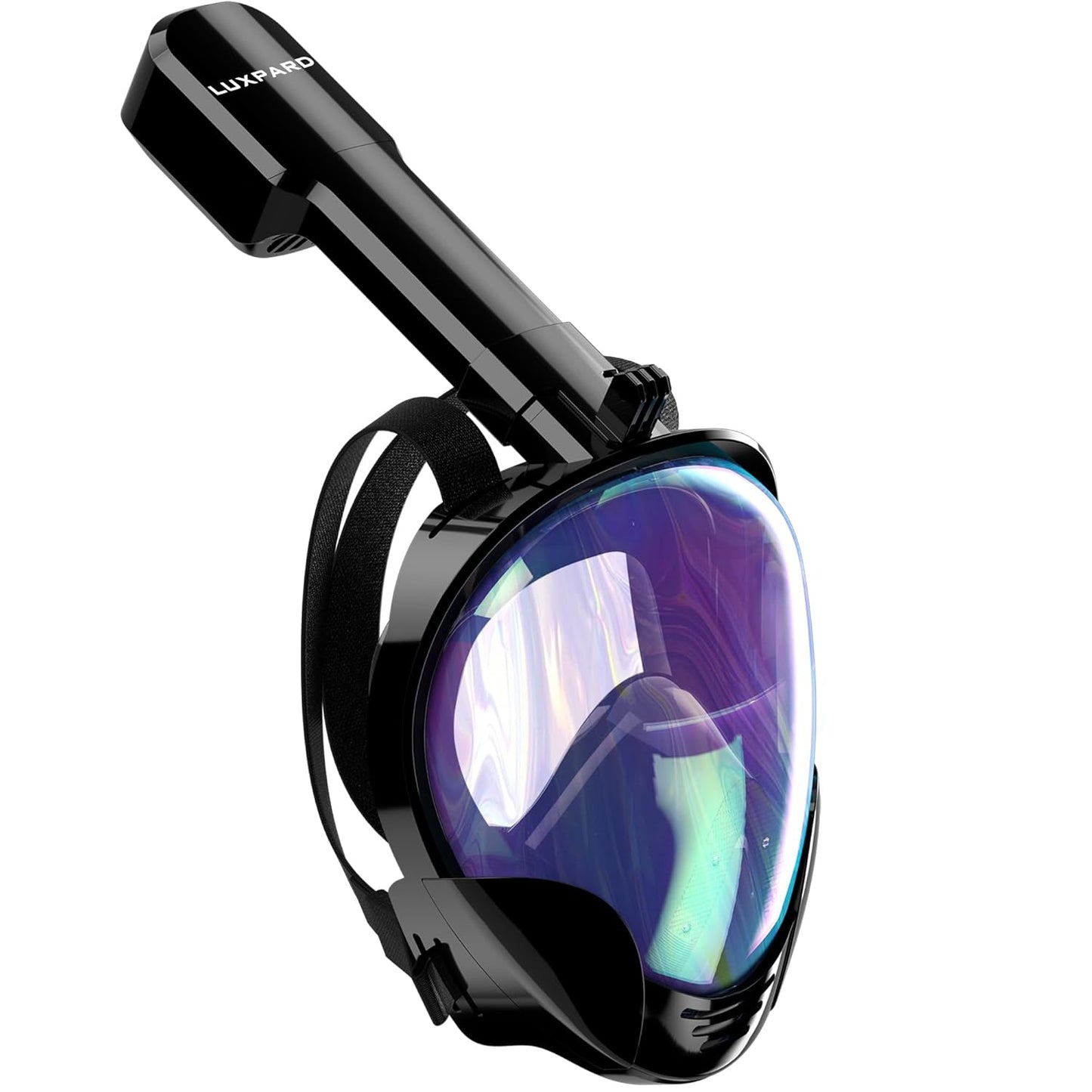 Full face snorkel mask by LUXPARD in black, made of polycarbonate and silicone, featuring an advanced CO₂ discharge system for fresh air intake, anti-fog technology for clear visibility underwater, designed to fit most face shapes with an ultra-soft silicone skirt and adjustable headband.