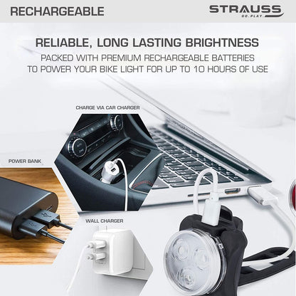 Strauss - Usb Rechargeable Bicycle Light Set | Super Bright Front & Rear Lights