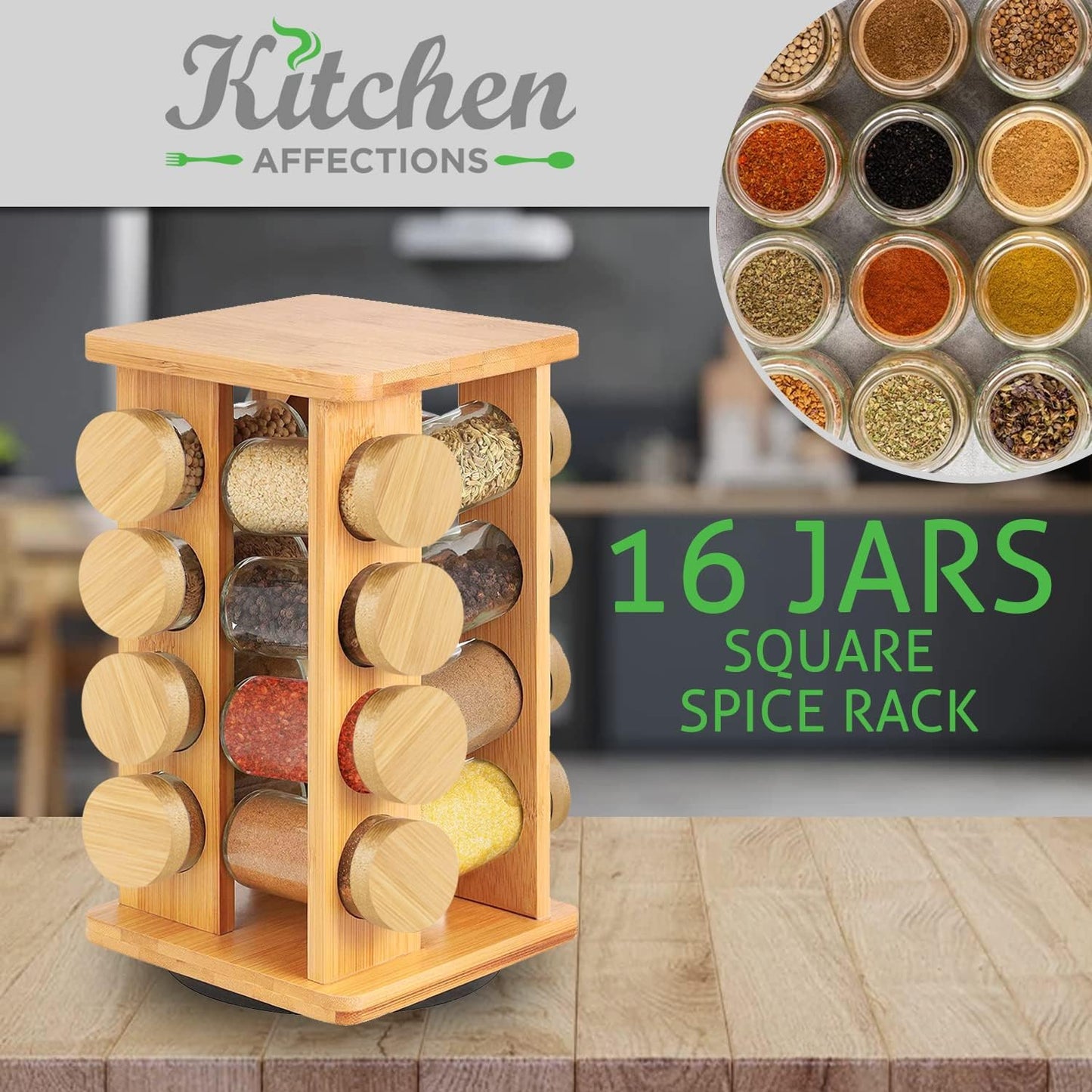 Affectionate Living - Rotating Bamboo Spice Rack With 16 Glass Jars