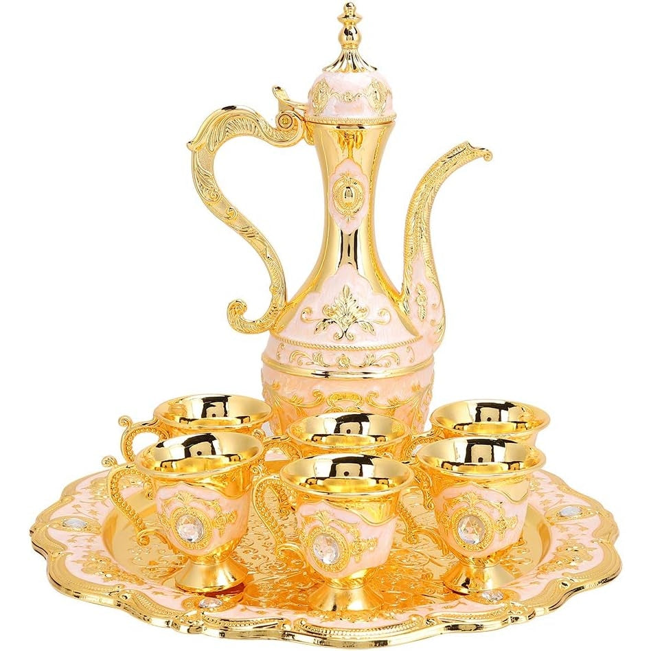 Royal Metal - Vintage Turkish Tea Set With Tea Pot, 6 Cups, And Tray (Pink)