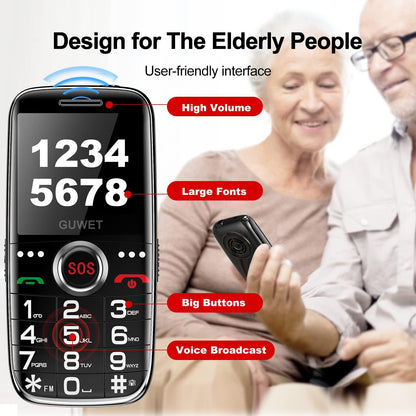 Guwet - Big Button Mobile Phone for Elderly, GSM Unlocked, Dual-SIM, SOS, 1800mAh, USB-C, Torch, 2.0" LCD, Black