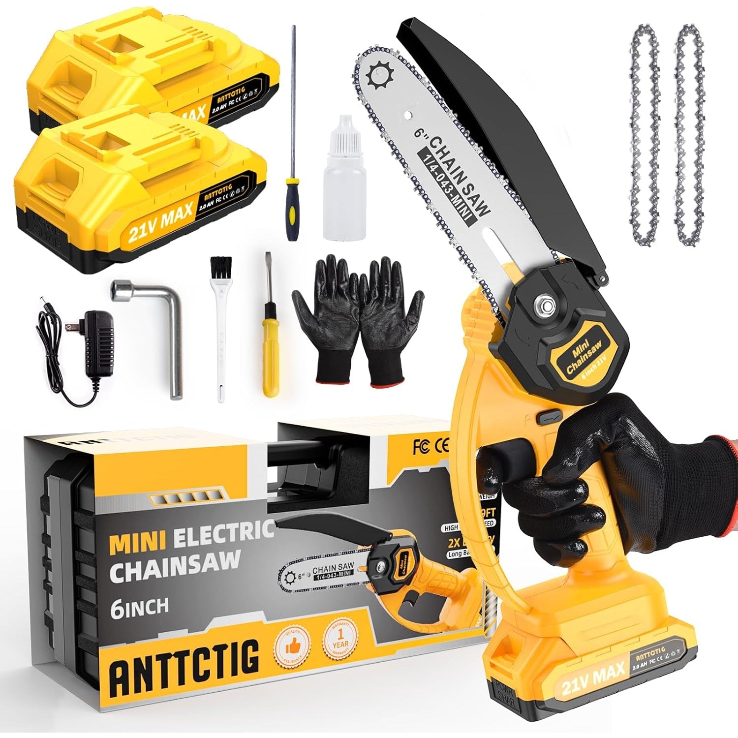 Anttctig - 6 Inch Portable Electric Mini Chainsaw, Battery Powered, With 2 Batteries & Chains