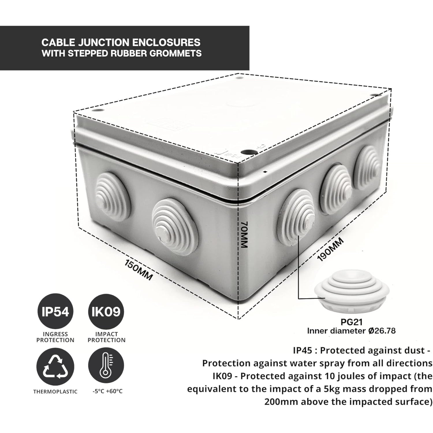 Doja Industrial - Waterproof Electrical Junction Box IP54 190x150x70mm