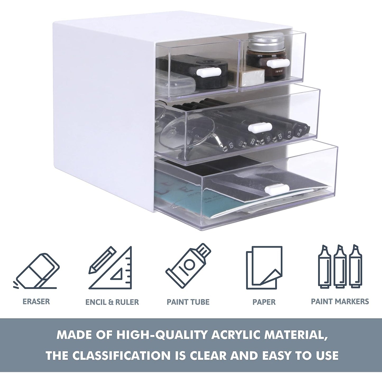 Zyners - Desk Organizer With 4 Drawers, Office & Home Storage Box (White)