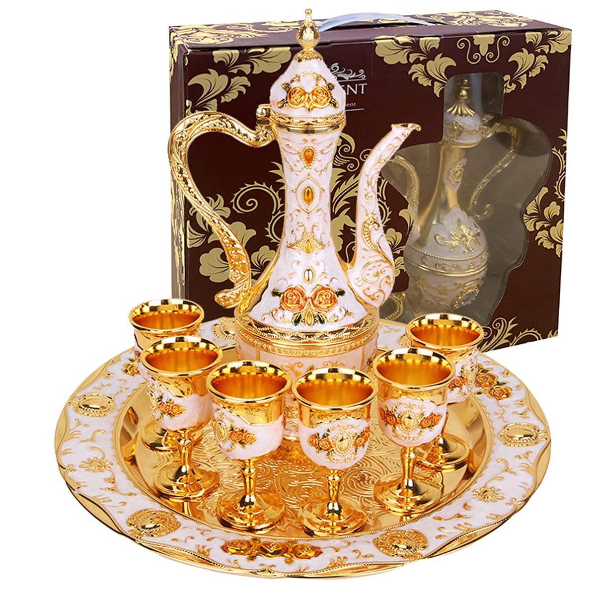 Godnoei - Vintage Turkish Coffee Pot Set With 6 Luxury Cups & Craft Tray