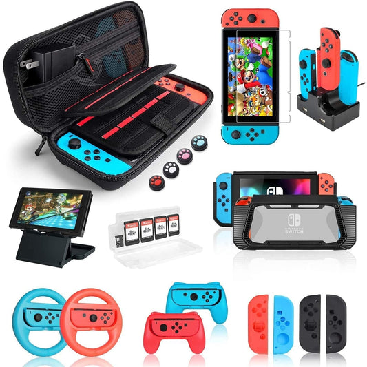 E&P - Switch Accessories Bundle: Case, Screen Protector, Playstand, Game Case, Joystick Cap, Charging Dock, Steering Wheel (18 In 1)