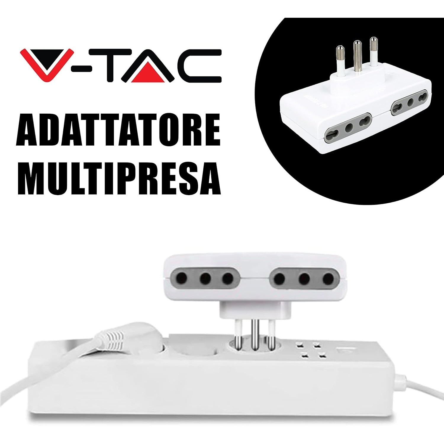 V-Tac - Space-Saving Quadruple Power Strip With 4 Outlets