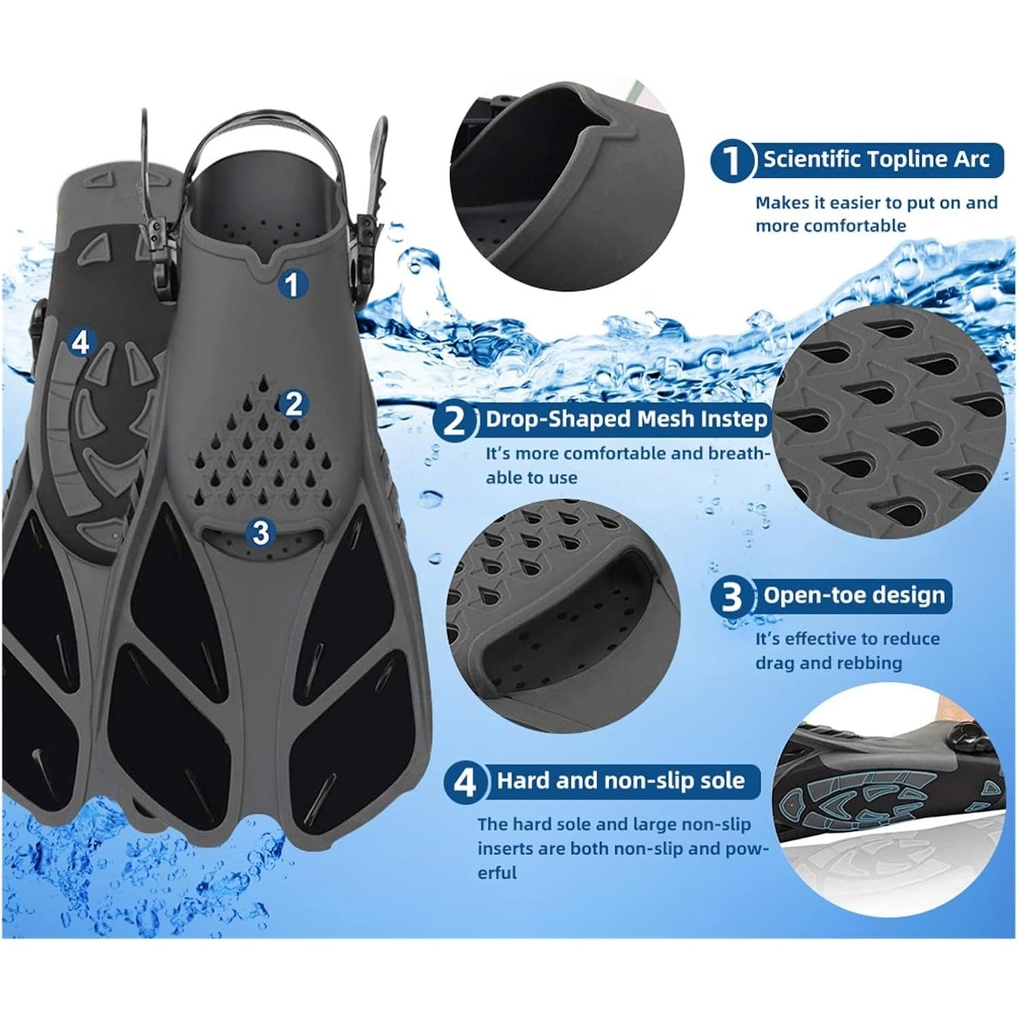 Otenc - Adjustable Short Swim Fins for Adult Snorkeling and Diving