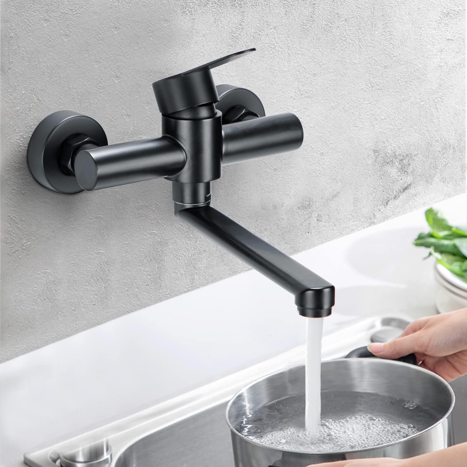 Hausharbor - Wall Mounted 360° Rotating Stainless Steel Kitchen Tap, Black