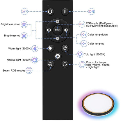 Bapro - RGB LED Ceiling Light, 48W Dimmable, 2100Lm, IP54, Remote Control