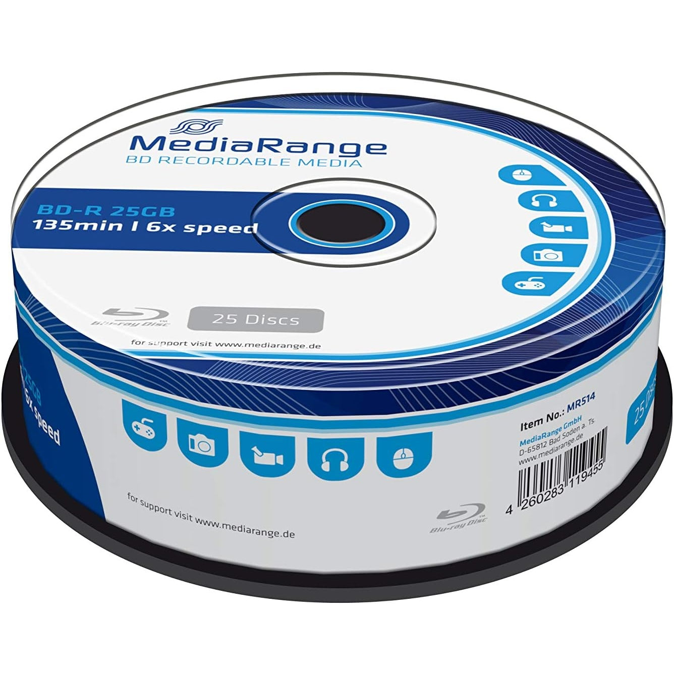 Mediarange - Bd-R 25Gb 6X Writing Speed, 25 Cakebox