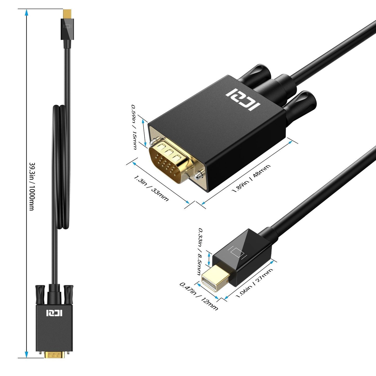 Iczi - Mini DisplayPort to VGA Adapter Cable, 6Ft, 1080P, Gold-Plated