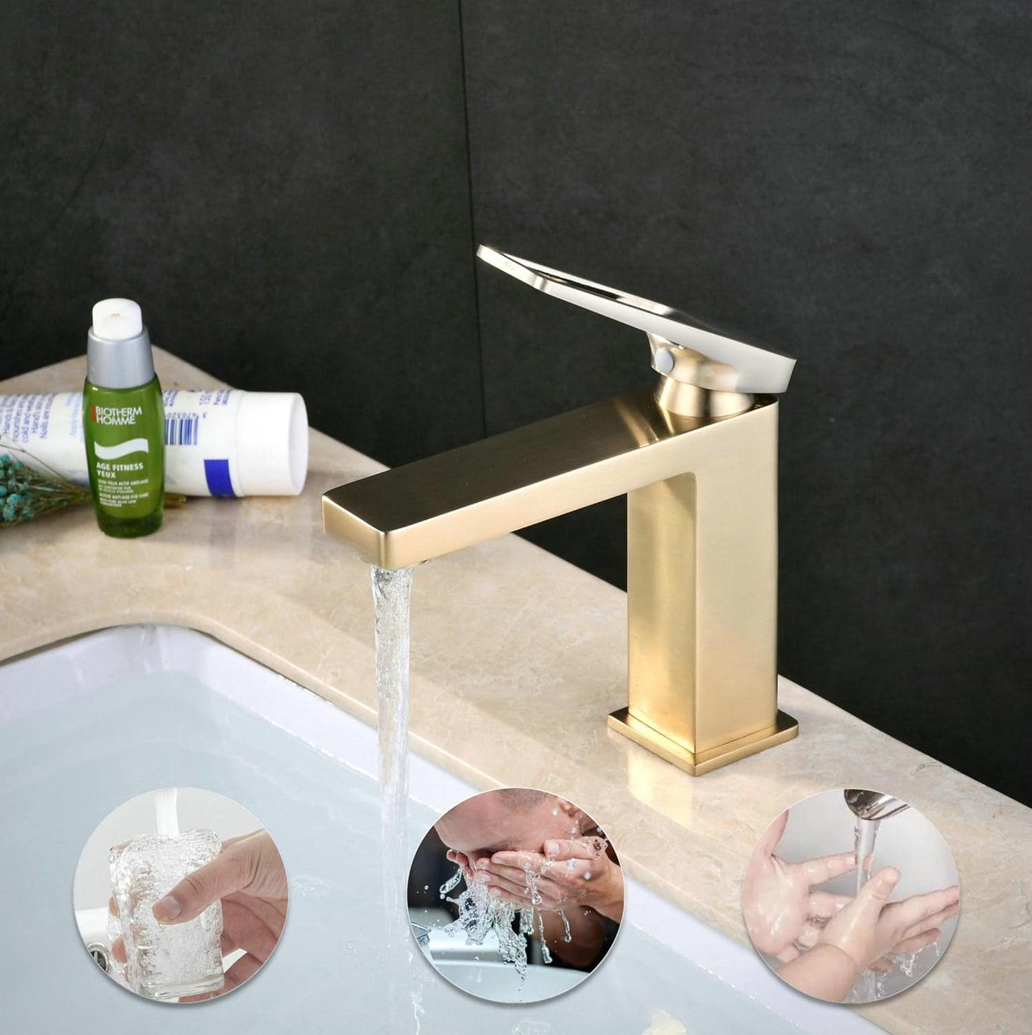 Shunli - Brushed Gold Basin Mixer Tap, Modern Single Lever Bathroom Faucet