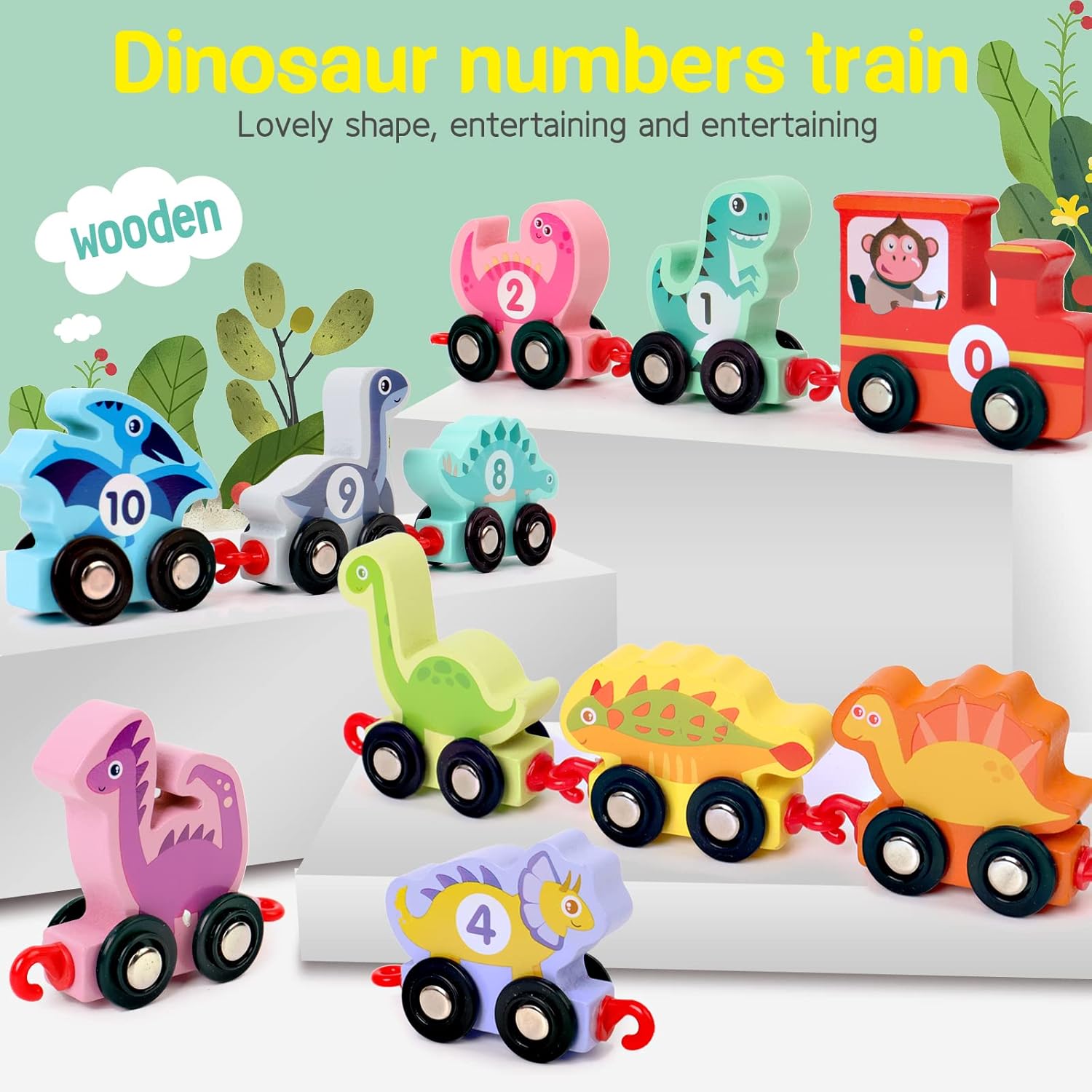 Bestamtoy - Wooden Dinosaur Number Train Educational Set