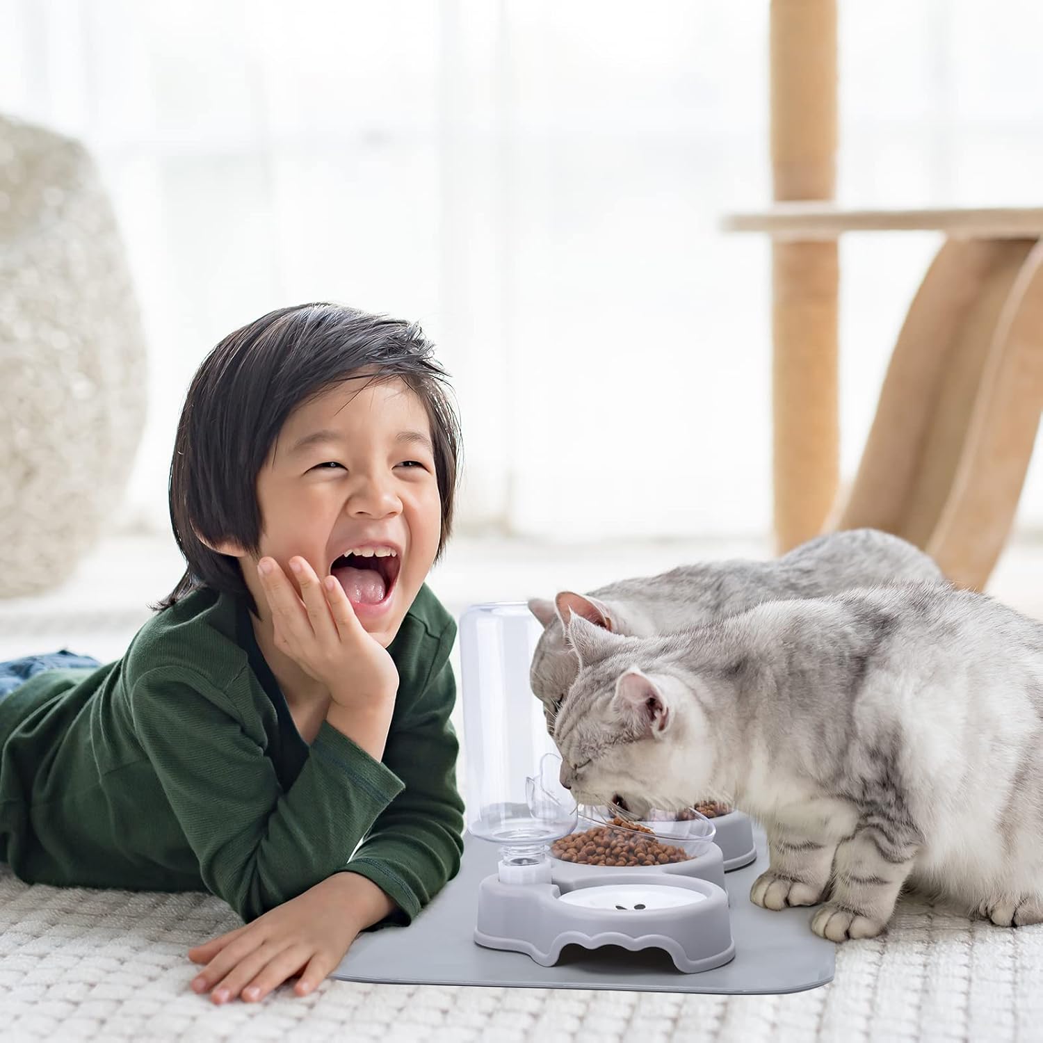 Joeleli - Double Cat Bowls With Water Bottle And Mat