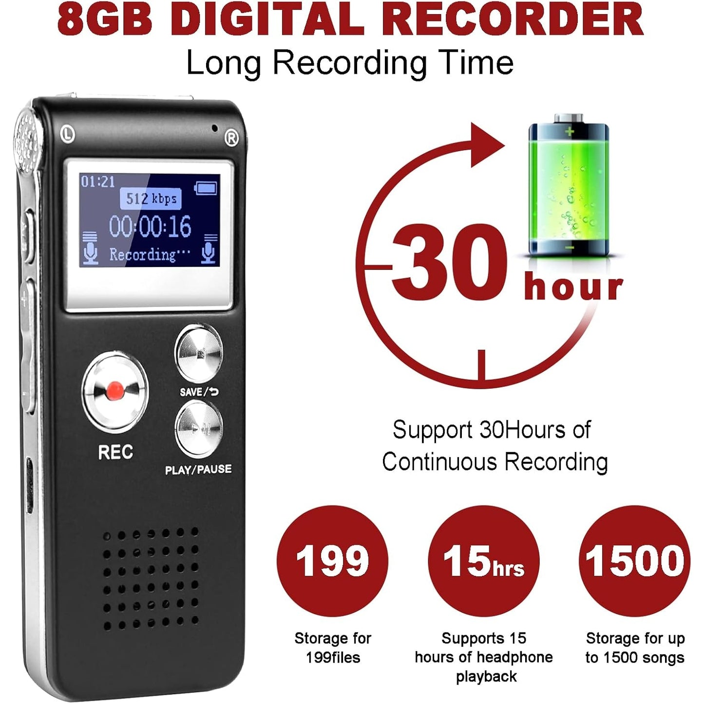 S - Digital Voice Recorder 3072Kbps HD Voice Activated With Playback