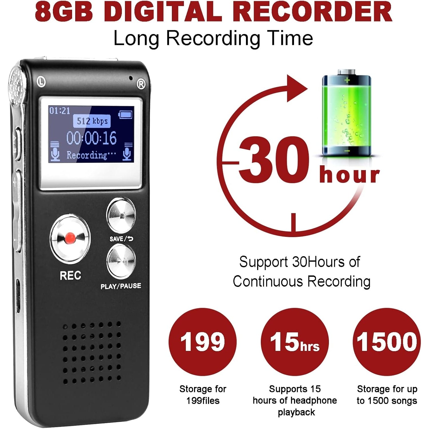 S - Digital Voice Recorder 3072Kbps HD Voice Activated With Playback