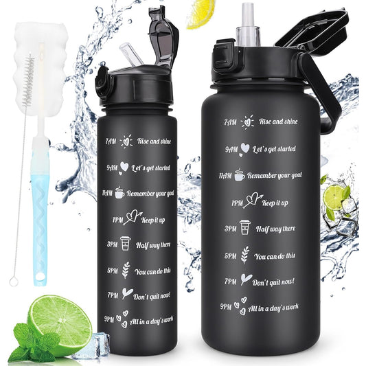 Aohan - Pack Of 2 BPA-Free Leak-Proof Water Bottles With Straw (Black)