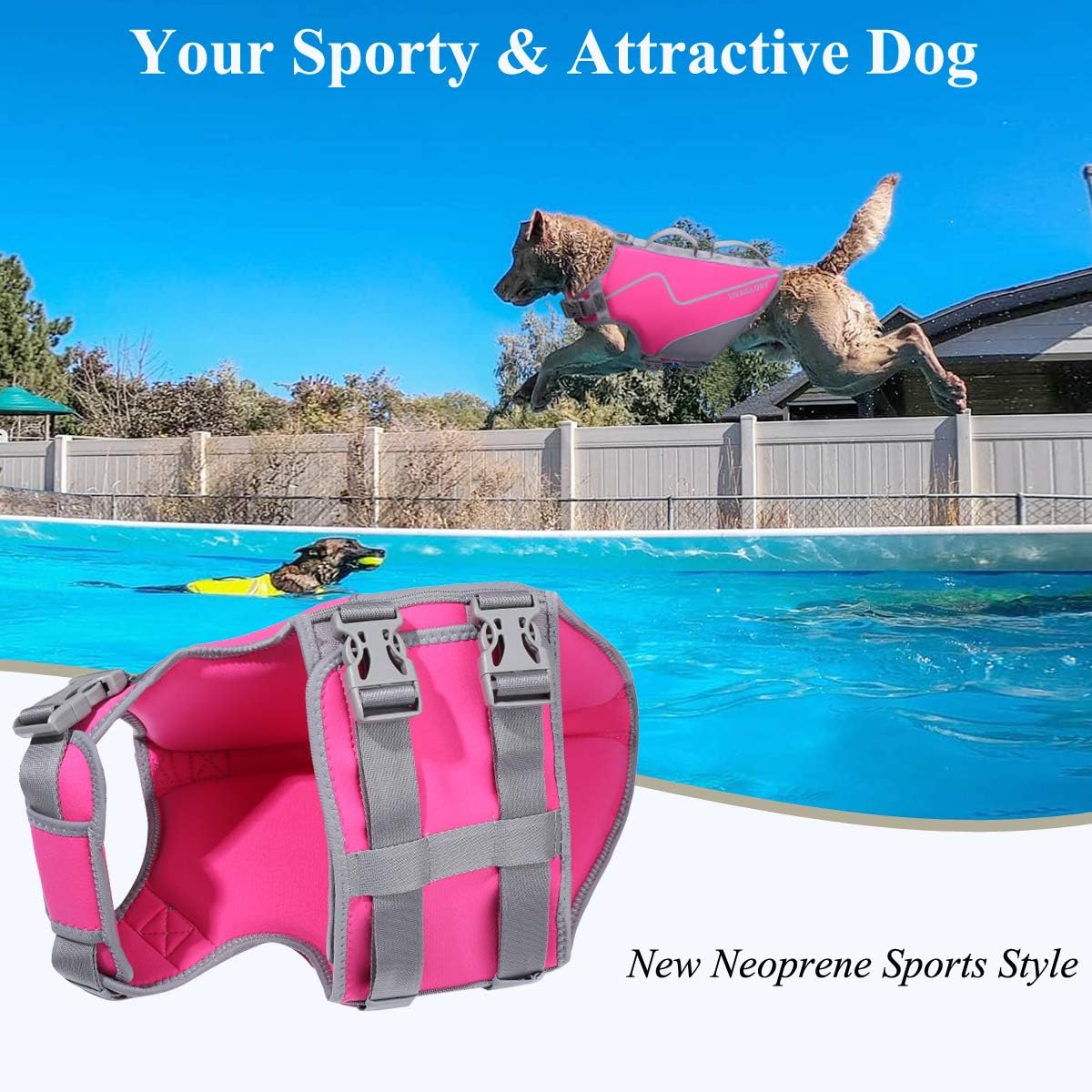 Vivaglory - Neoprene Dog Life Jacket with Handle, Pink, L