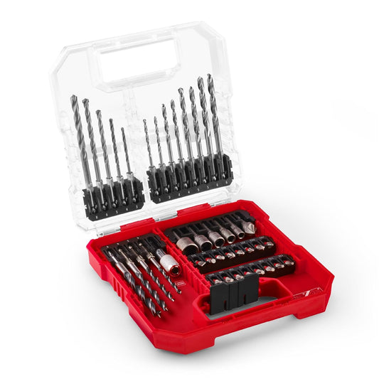 40-piece Einhell bit and drill set featuring high-speed steel construction, including 8 metal drills, 5 masonry drills, 4 wood drills, a quick-change bit holder, a countersink, and organized storage box with transparent lid.