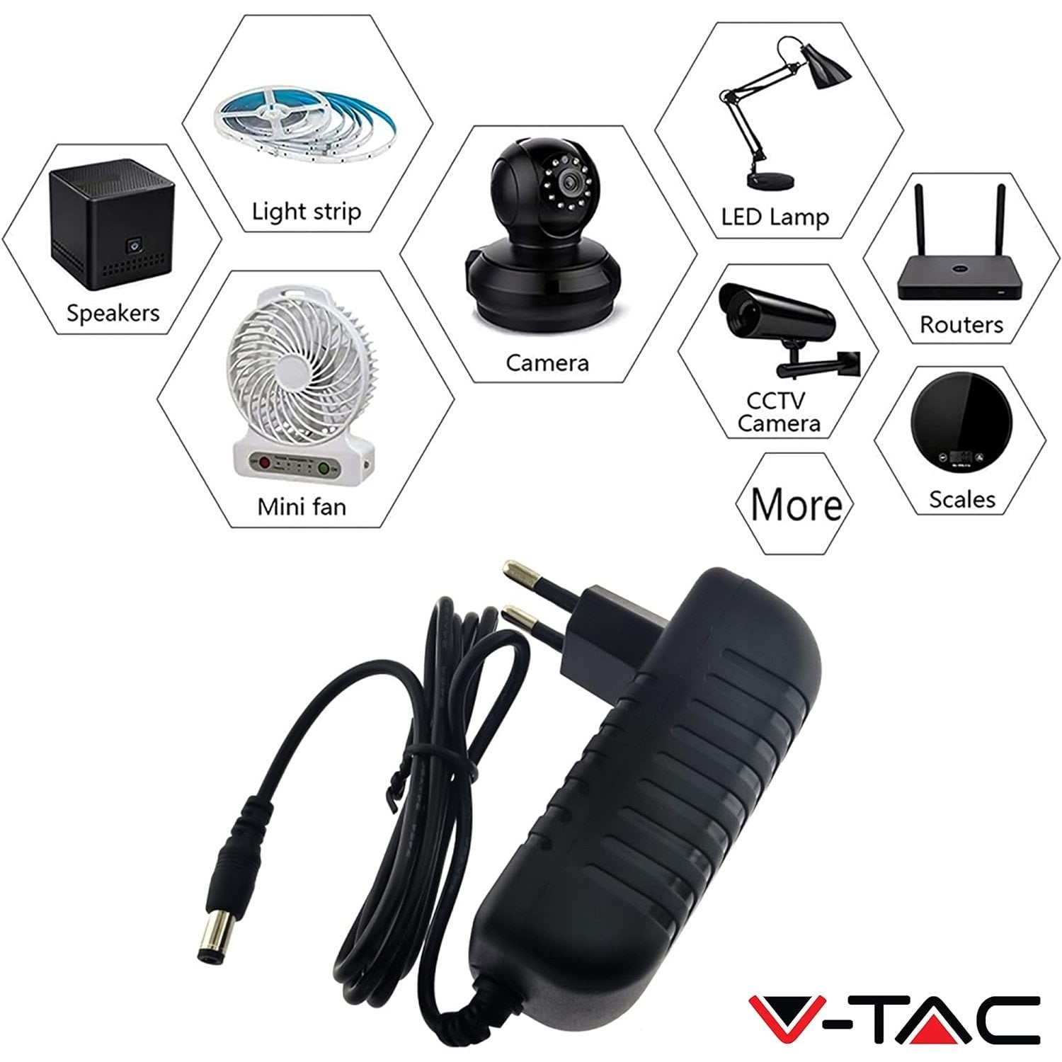 V-Tac - Power Supply 12V 42W 3.5A With 2.1 Jack For Cameras, LED Strip, Modem