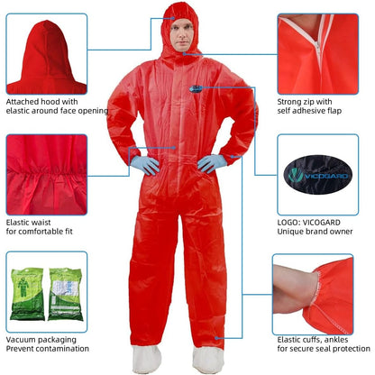 Vicogard - Disposable Protective Overalls With Hood, Red, Large