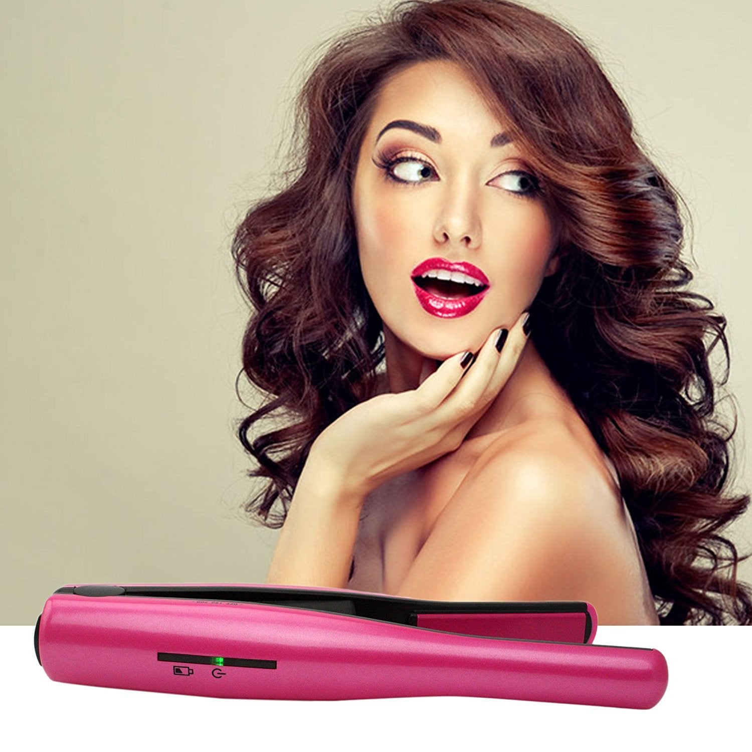 Mermaid - Portable Ceramic Hair Straightener Mini Flat Iron Wireless USB Charging (Rose)