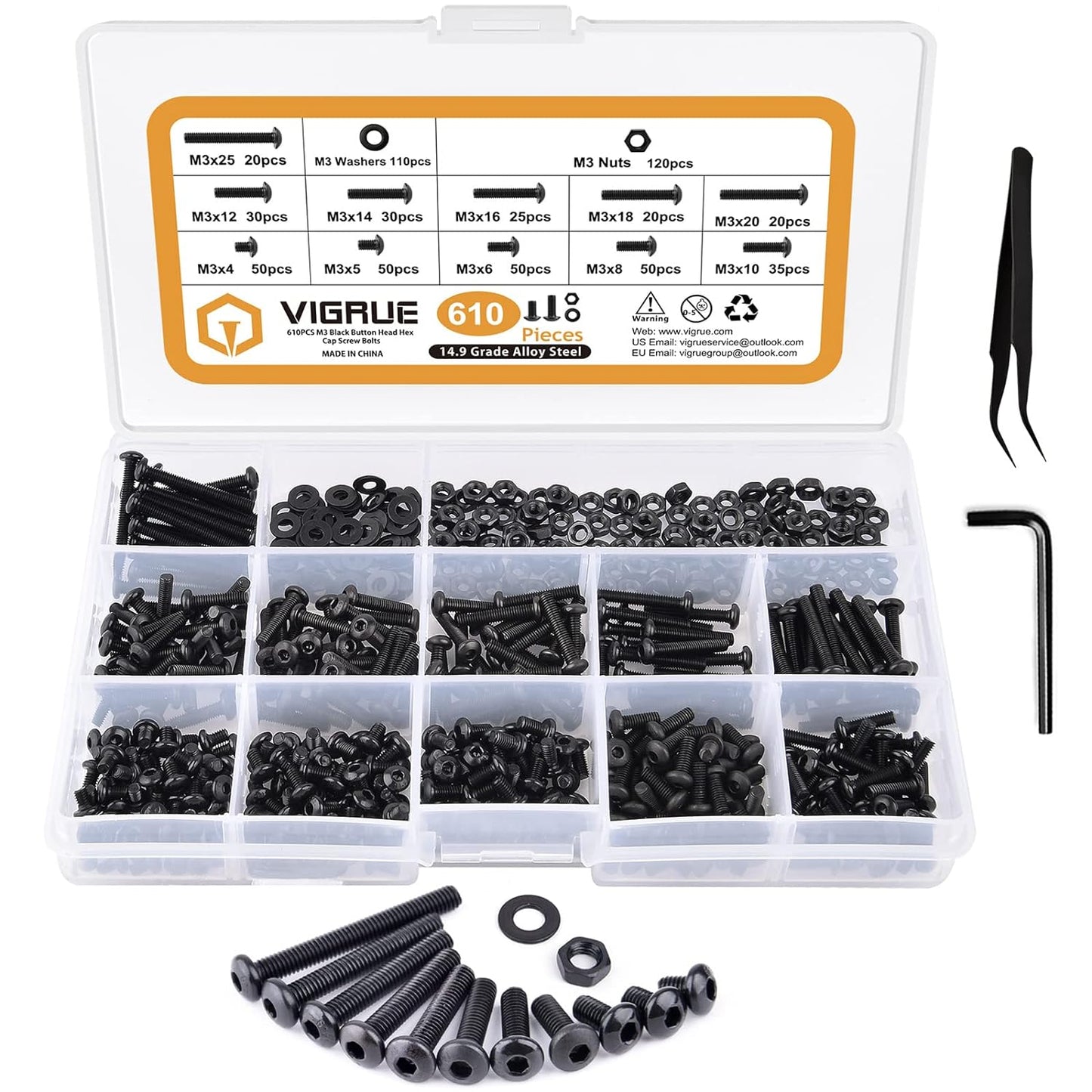 Vigrue - 610Pcs Alloy Steel M3 Hex Head Screws & Nuts Assortment Kit