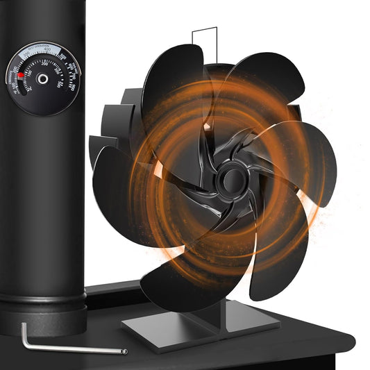 Black 6-blade stove fan designed to circulate hot air from wood, coal, or pellet stoves; features a magnetic thermometer for temperature monitoring and operates quietly with noise levels under 35 dB.