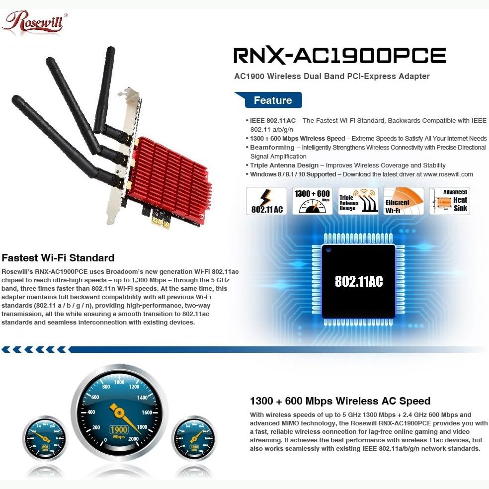 Rosewill - 802.11Ac Dual Band AC1900 PCIe WiFi Adapter