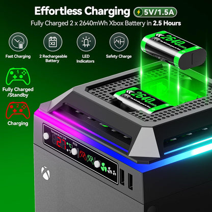 Tokluck - Fan For Xbox Series X Console With RGB Light, Charging Station & Batteries