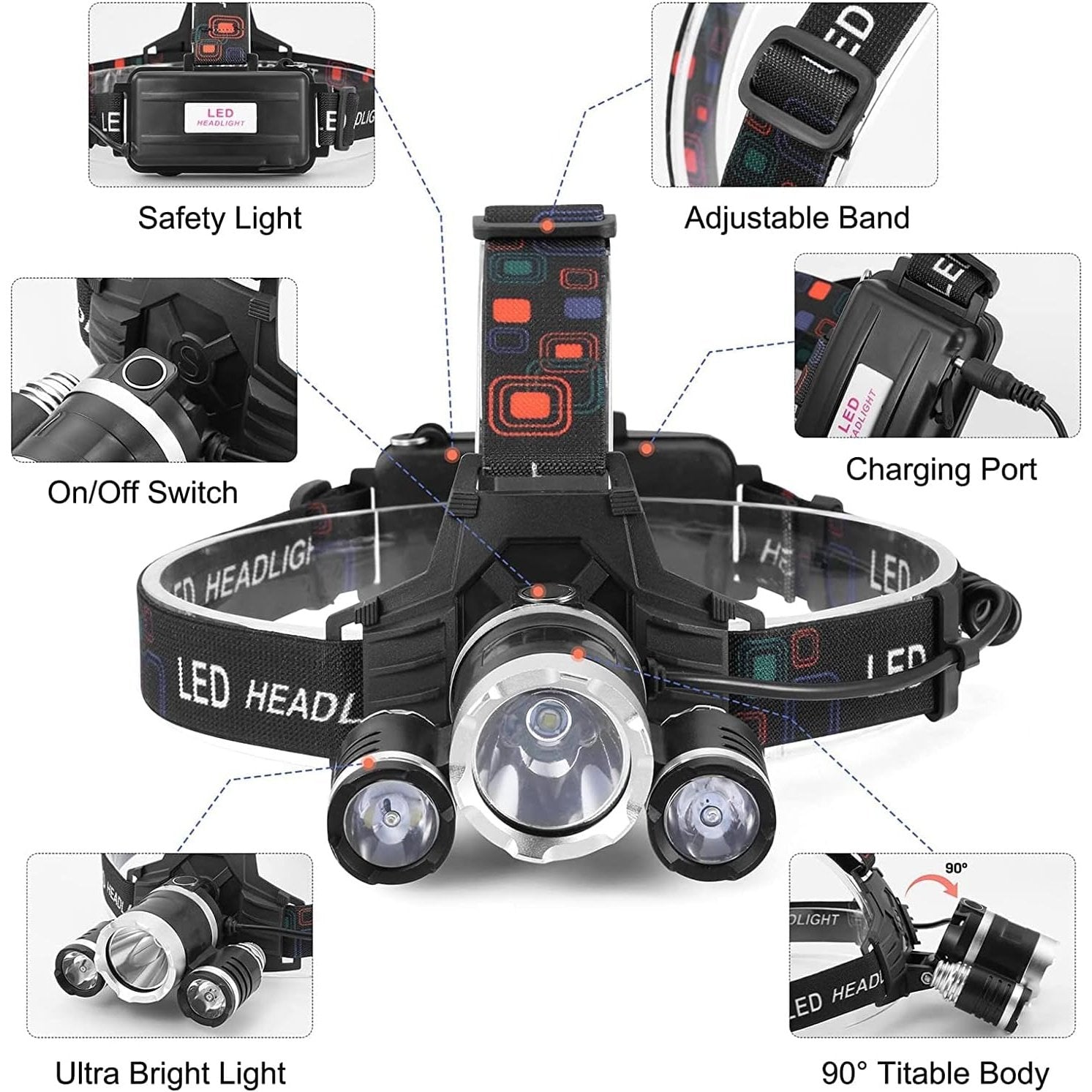 Ikaama - Rechargeable 6000 Lumen LED Headlamp, 4 Modes Waterproof for Outdoor Activities