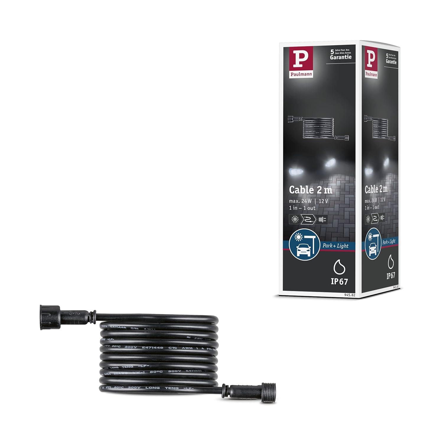 Paulmann 2 M Colour Cable for outdoor lighting, featuring waterproof design (IP67), compatible with Park + Light series, and designed for use with incandescent light sources.