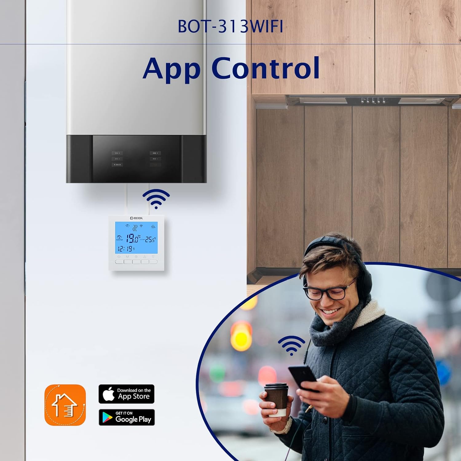 Beok - Bot-313 Wifi Programmable Gas Boiler Thermostat, Lcd Touchscreen, Alexa & Google Home