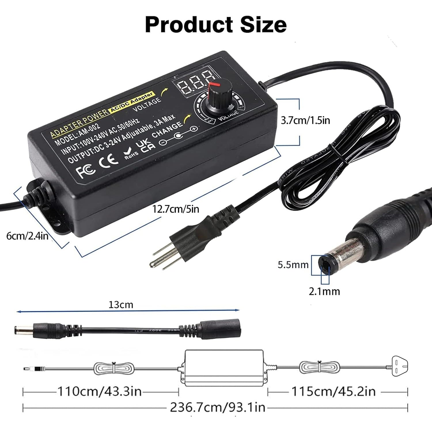 Auplf - Adjustable DC Power Supply 3V-24V 3A 72W With 14 Tips