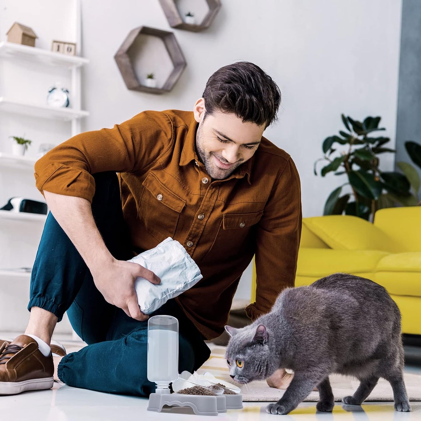 Joeleli - Double Cat Bowls With Water Bottle And Mat