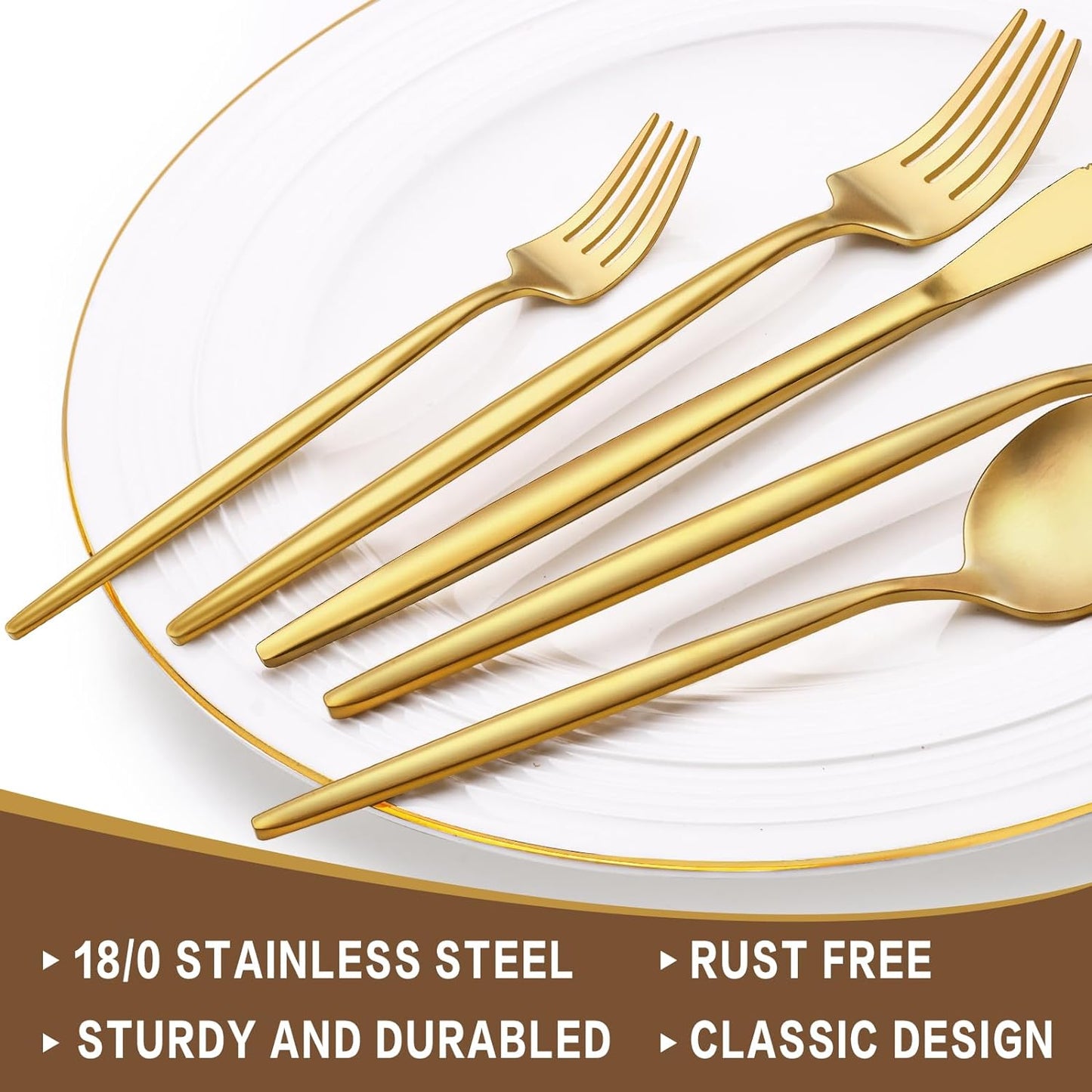 Ewfen - 60-Piece Gold Silverware Set For 12, Stainless Steel Flatware