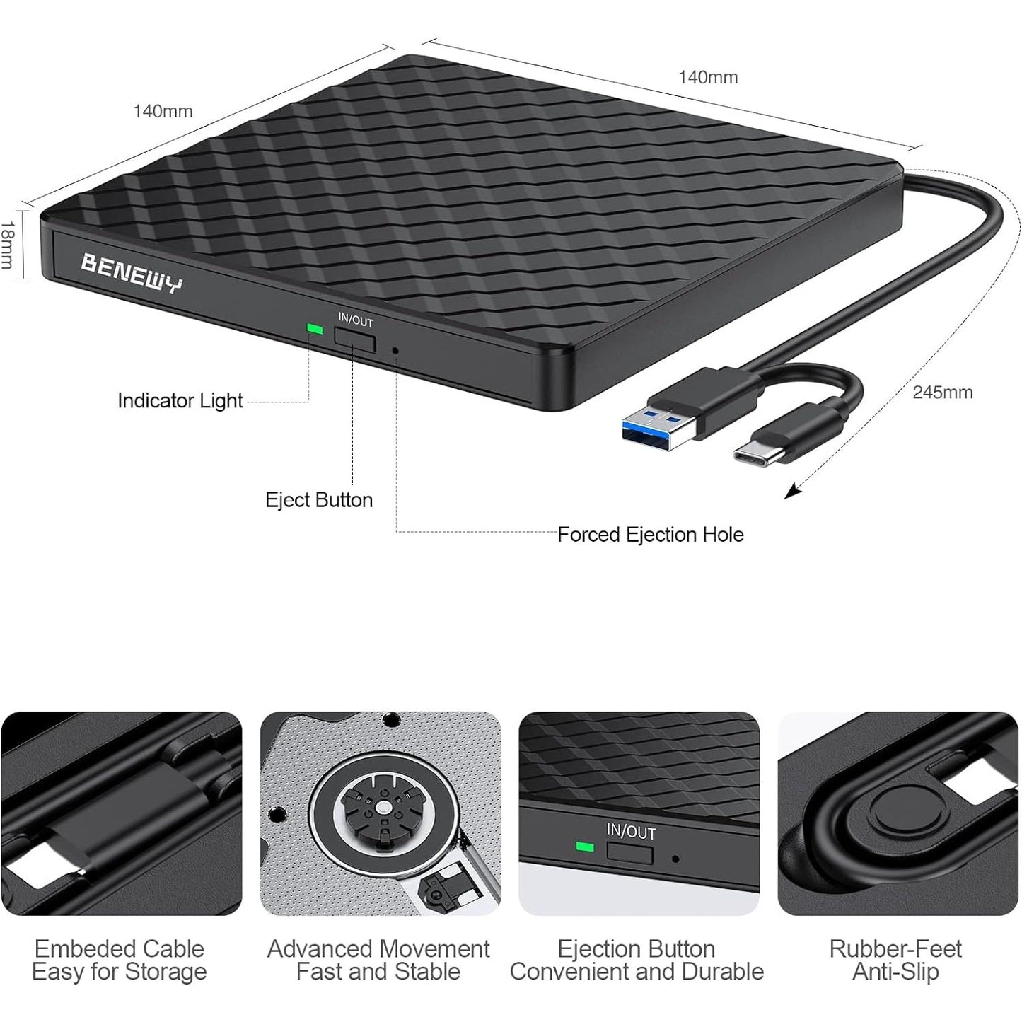 Benewy - External USB 3.0 CD/DVD Drive Burner for Laptop and PC